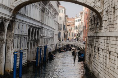 Kürekli bir gondolcu kanaldaki gondolu kontrol eder..