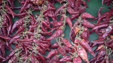 Kurutulmuş kırmızı biber. İpte kurumuş küçük biber..