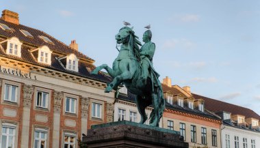 Kopenhag 'da. Danimarka. 23 Ekim 2023. Anıtın üzerinde oturan iki martı var..