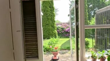 Daireden çiçek açan bahçenin manzarası. Yeşil avlu.