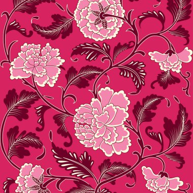 Ornamental magenta pink colored antique floral vintage pattern with peony flowers. Hand drawn organic background. Asian texture for printing on packaging, textiles, paper, covers, manufacturing