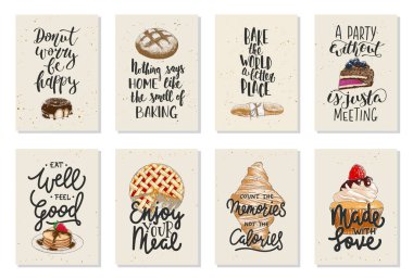 Set of 8 vector bakery posters with hand drawn unique funny lettering design element for kitchen decoration, prints and advertising cafe wall art. Engraved sketch of cupcake, pancakes, pie, croissant.