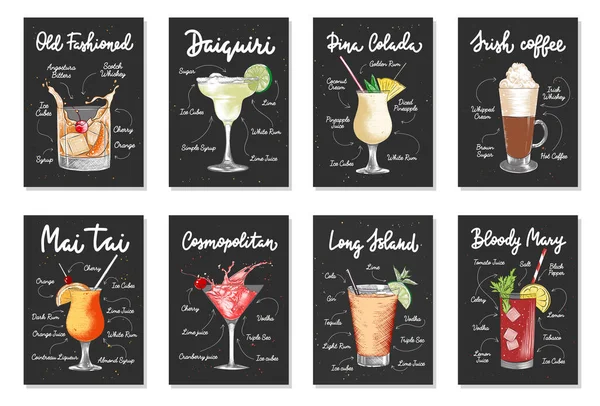 Set Van Reclamereceptlijsten Met Alcoholische Dranken Cocktails Dranken Belettering Posters — Stockvector