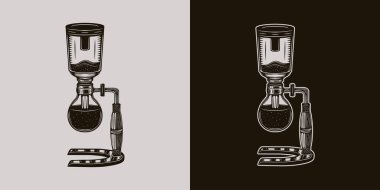Klasik kahve demleme elementi. Senfoni kahve makinesi. Amblem, logo, rozet, etiket ya da işaret gibi kullanılabilir. Poster ya da baskı gibi de kullanılabilir. Monokrom Grafik Sanatı. Vektör İllüstrasyonu