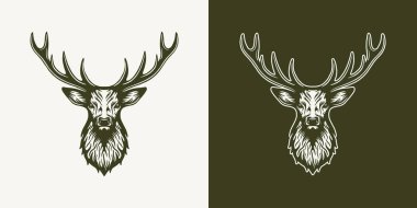 Klasik geçmişe dönük avcılık macera unsuru. Geyik kafası. Amblem, logo, rozet, etiket için kullanılabilir. İşaret, poster ya da baskı. Monokrom Grafik Sanatı. Vektör İllüstrasyonu
