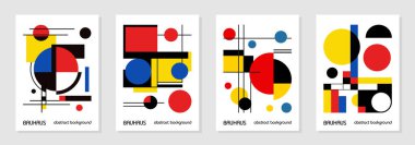 4 adet asgari 20 'lik geometrik tasarım posterleri, duvar sanatı, şablon, ilkel şekilli düzenleme. Bauhaus retro model arkaplan, vektör soyut çember, üçgen ve kare çizgi sanatı