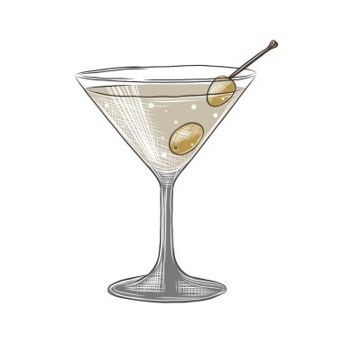 Posterler, dekorasyon, menü ve baskı için oymalı Martini alkollü kokteyl illüstrasyonu. Elle çizilmiş içki veya içecek eskizi. Ayrıntılı çizim beyaz arkaplanda izole edildi.