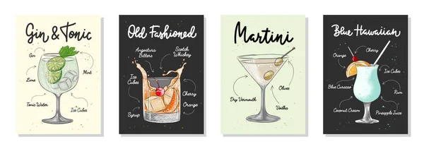 アルコール飲料 カクテル 飲料レタリングポスター 壁の装飾 メニューデザインの4広告レシピリストのセット 手描きのタイポグラフィでスケッチ — ストックベクタ