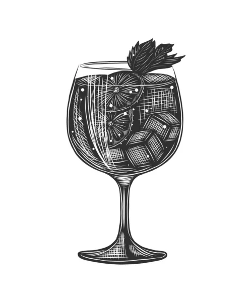 Vektor Graverad Stil Gin Tonic Alkoholhaltig Cocktail Illustration För Affischer — Stock vektor