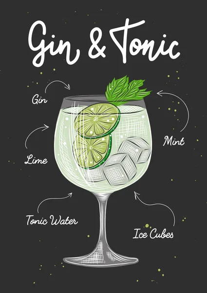 Gin Stile Vettoriale Inciso Tonic Cocktail Illustrazione Poster Decorazione Logo — Vettoriale Stock