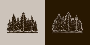 Vintage retro camping adventure travel outdoor element. Trees. Can be used for emblem, logo, badge, label. mark, poster or print. Monochrome Graphic Art. Vector Illustration.	