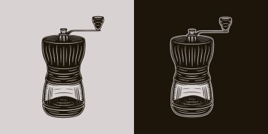 Posterler, dekorasyon, logo, amblem ve baskı için oymalı bir tasvir. Beyaz arka planda izole edilmiş tek renkli kahve öğütücüsünün el çizimi. Ayrıntılı vintage ahşap biçimi çizimi