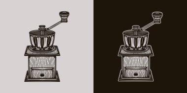 Posterler, dekorasyon, logo, amblem ve baskı için oymalı bir tasvir. Beyaz arka planda izole edilmiş tek renkli kahve öğütücüsünün el çizimi. Ayrıntılı vintage ahşap biçimi
