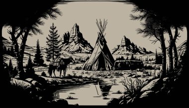 Amerikan yerlilerinin batı sahnesi. Grafik tasarımı için kullanılabilir. Vahşi batı. Siyah ve beyaz. Grafik Sanatı Vektörü İllüstrasyonu. 