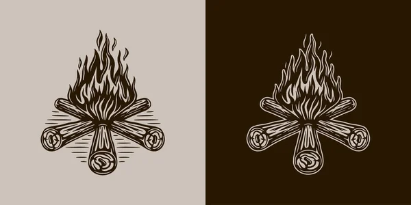 Antika Kamp Macerası Doğa Gezisi Kamp Ateşi Amblem Logo Rozet — Stok Vektör