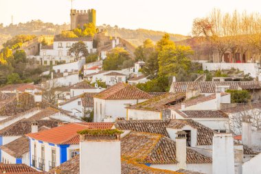 Sıcak güneş ışığı Portekiz 'in ortaçağdan kalma pitoresk bir köyü olan tarihi binaları ve Obidos kalesini yıkıyor.