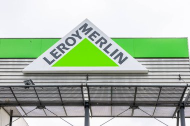 A closeup view of the leroy merlin sign at the parque das nacoes location in lisbon clipart