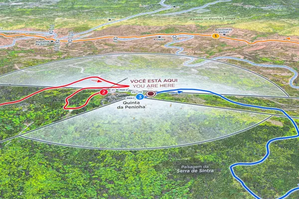 stock image Close up of an informative map highlighting hiking trails and landmarks in the scenic serra de sintra, portugal