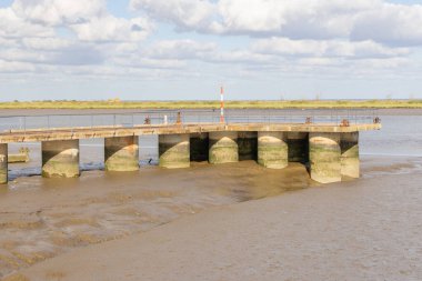 Metal korkuluklu eski beton iskele yapısı güneşli bir günde çamurun içinde kayboluyor.