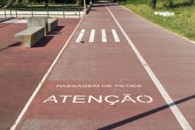 Yaya geçidi, bir bisiklet yolunu şehir parkındaki bir spor alanından ayırırken resmedilmiş.