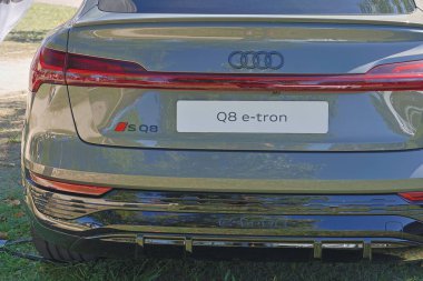 Arabanın markasını ve elektrik özelliklerini vurgulayan yeşil bir audi q8 e tron karesinin arkasını kapatın.