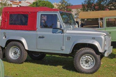 Yenilenmiş gümüş kapaklı arazi gezgini savunucusu çimenli bir arazide park halinde.