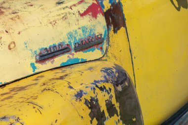 Eski bir Chevrolet 3100 kamyonuna yakın, eskimiş boyasını ve paslı patinajını vurguluyor.