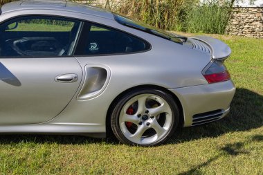 Gümüş renkli Porsche 911 turbo arka planda ağaçlarla dolu çimenli bir arazide park halinde.