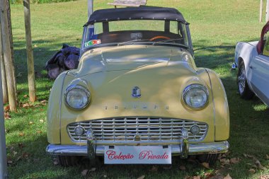 Front view of a yellow triumph tr3, parked on grass at a classic car show clipart