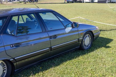 Citroen xm çimlerin üzerine park edilmiş, parlak tasarımını ve klasik özelliklerini sergiliyor.