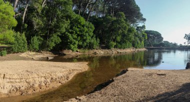 Serra de Sintra, Portekiz 'deki Rio da Mula Barajı' nda güneşli bir günde çevreleyen yeşil ormanı yansıtan sakin su.