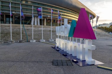 Large web summit sign displayed outside the altice arena in lisbon, portugal, a prominent venue for the annual tech conference clipart