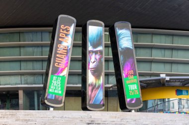 Elektronik reklam panoları guano maymunlarının bedava maymun turunu tanıtıyor. Lizbon, Portekiz 'deki meo arena dışında 2025.