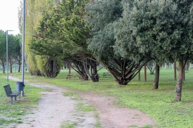 Loures shopping green park with trees, wooden benches, picnic tables and dirt path inviting to relax clipart