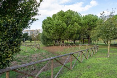 Bereketli ağaçlar ve ahşap çitler Loureshopping Green Park, Loures, Portekiz 'de huzurlu bir atmosfer yaratıyor.