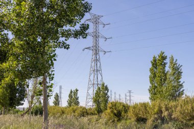 Portekiz 'deki Ribatejo güç istasyonundan enerji dağıtan elektrik direkleri elektrik şebekesine katkıda bulunuyor.