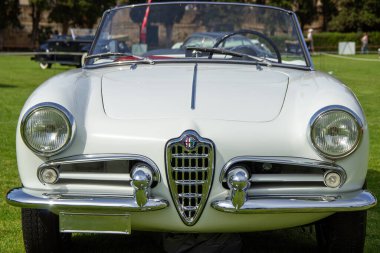 Klasik beyaz alfa Romeo Giulietta örümceği klasik bir araba şovunda çimlerin üzerine park etmiş, zamansız otomotiv tasarımı sergiliyor.