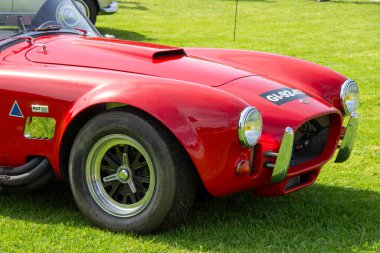 Yeşil çimlere park edilmiş kırmızı ac kobra 427 klasik spor arabanın ön görüntüsü.