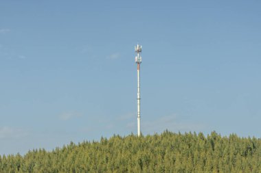 Yoğun bir ormanın üzerinde yükselen hücresel kule teknoloji ve doğanın kesişmesini sembolize ediyor.