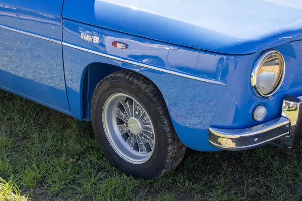 Klasik Renault 4, çimenli bir alana park etmiş, parlak mavi boyasını, ayırt edici tekerleğini ve ön çamurluk detaylarını vurguluyor.