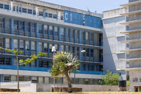 Lisbon Üniversitesi Bilim Fakültesi binasının modern mimarisi, mavi ve beyaz cepheli