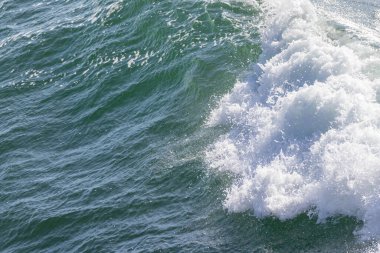 Beyaz köpük ve yeşil suyla çarpan okyanus dalgaları rahatlatıcı doğal bir zemin oluşturur.