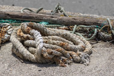 Atılmış halat, ağ ve ahşap bir rıhtımda, çürüme ve terk edilme deniz temalarını vurguluyor.