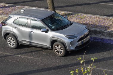 Modern gümüş toyota yaris yolun kenarında düşmüş mor jakaranda çiçekleri olan hibrit bir araba.