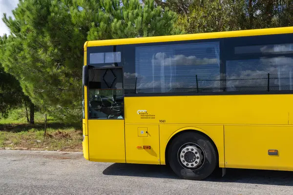 Yaz günü yeşil ağaçların yanında asfalt yolda park etmiş sarı otobüs, camlarında bulutları yansıtıyor.