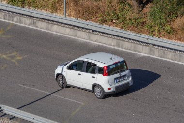 Beyaz keman panda asfalt yolda ilerliyor.