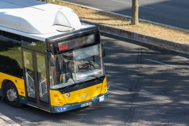 Sarı adam şehir otobüsü güneşli bir günde asfalt yolda gidiyor.