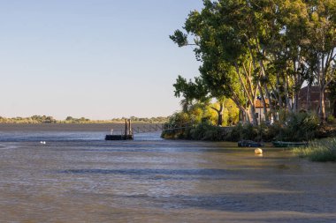 Tagus nehri kıyısı yüzen bir rıhtımı, park edilmiş tekneleri ve yemyeşil ağaçları gösteriyor.