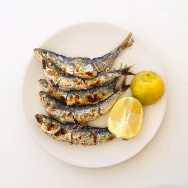 Beyaz yuvarlak tabak, ateşte kavrulmuş sardalya ve masada dilimlenmiş limon. Akdeniz mutfağı. Gastronomi Malaga, İspanya. Yukarıdan görüntüle.