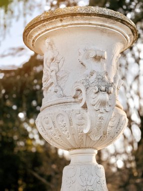 Parkın arka planında kabartmalı eski bir çiçek vazosu..